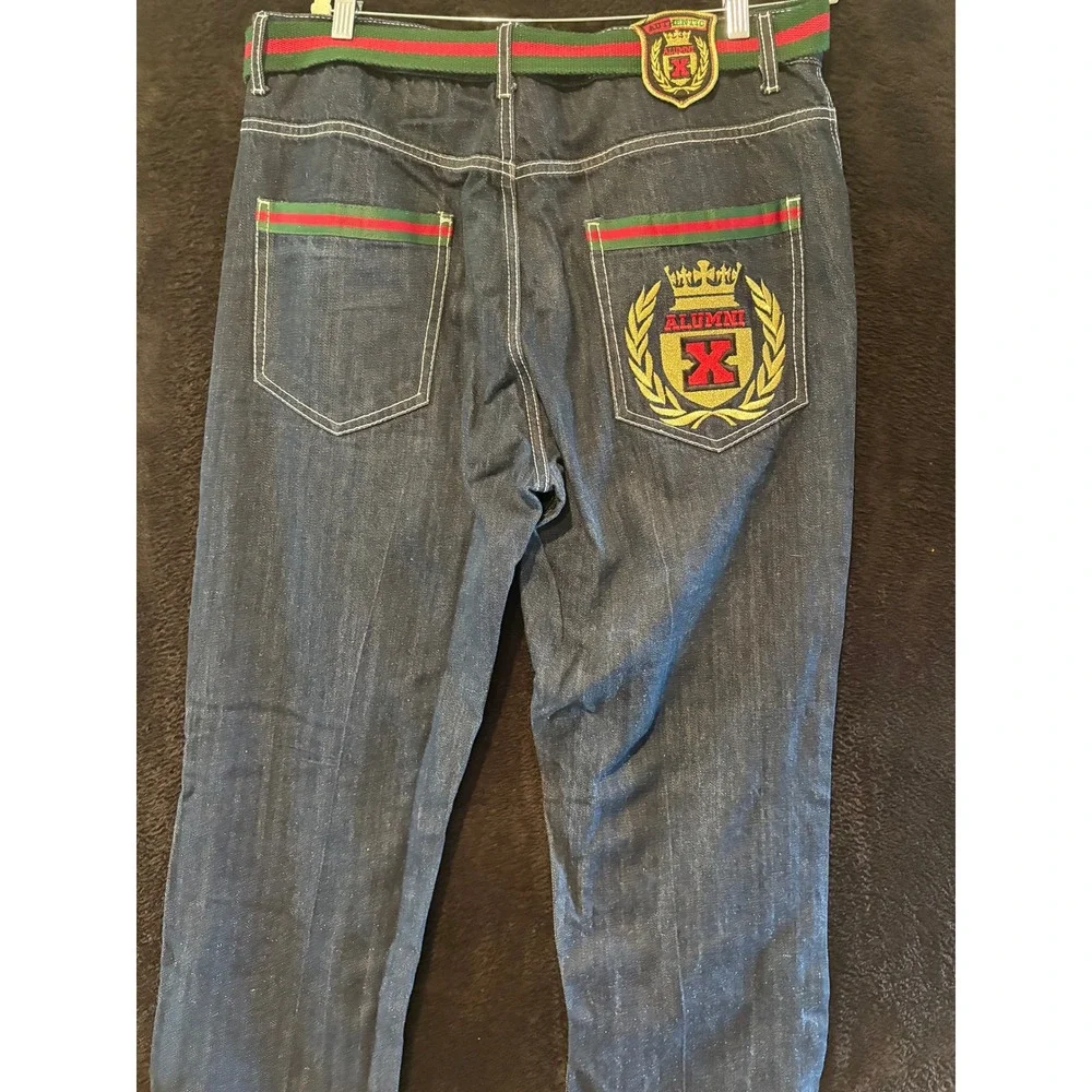 Atti Mens Denim Jeans 38x32 Embellished Pockets Red Green Belt Detailed‎